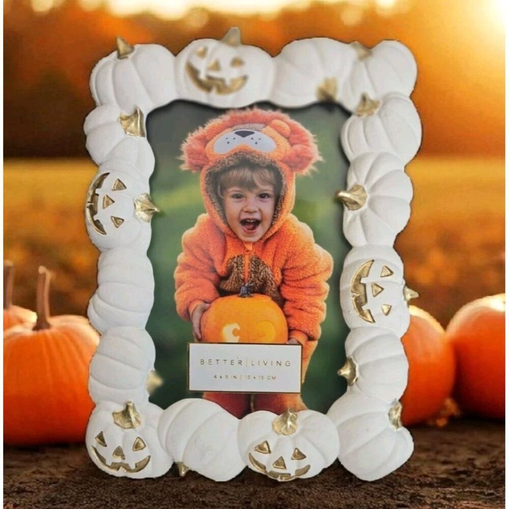New Nicole Miller White Gold Halloween Pumpkin Halloween Photo Picture Frame 4x6